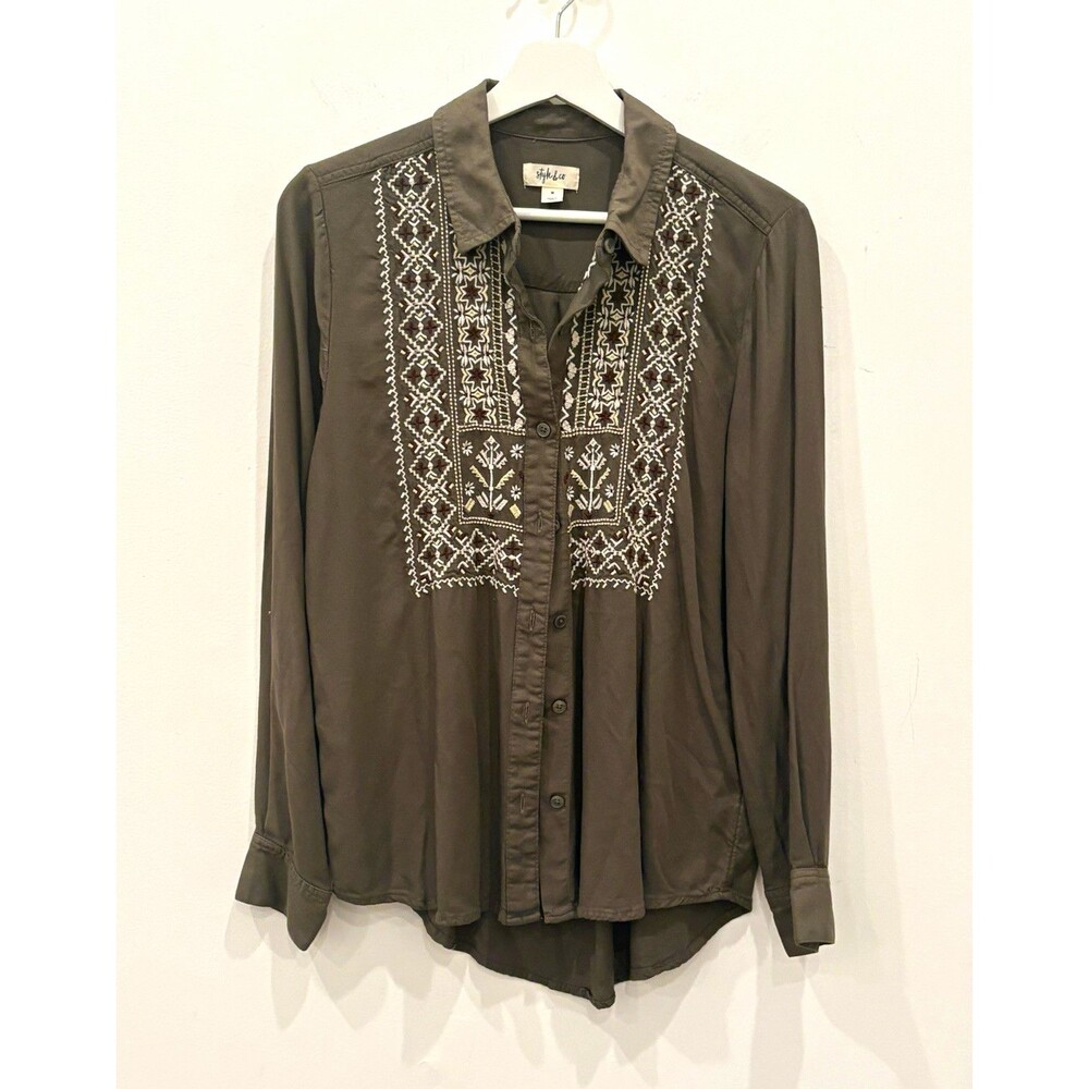 Style & Co Gray Geometric Embroidered Button-Up Collared Shirt Sz M boho cottage